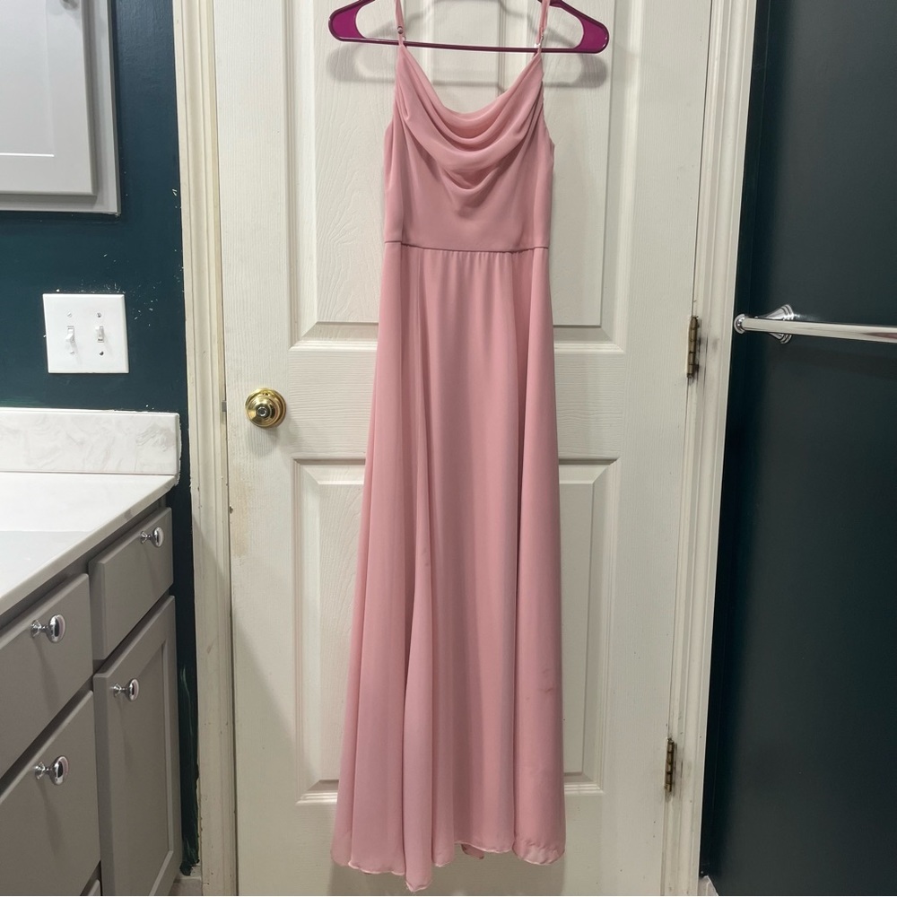 pink cowl neck floor length bridesmaid dress with slit and adjustable straps